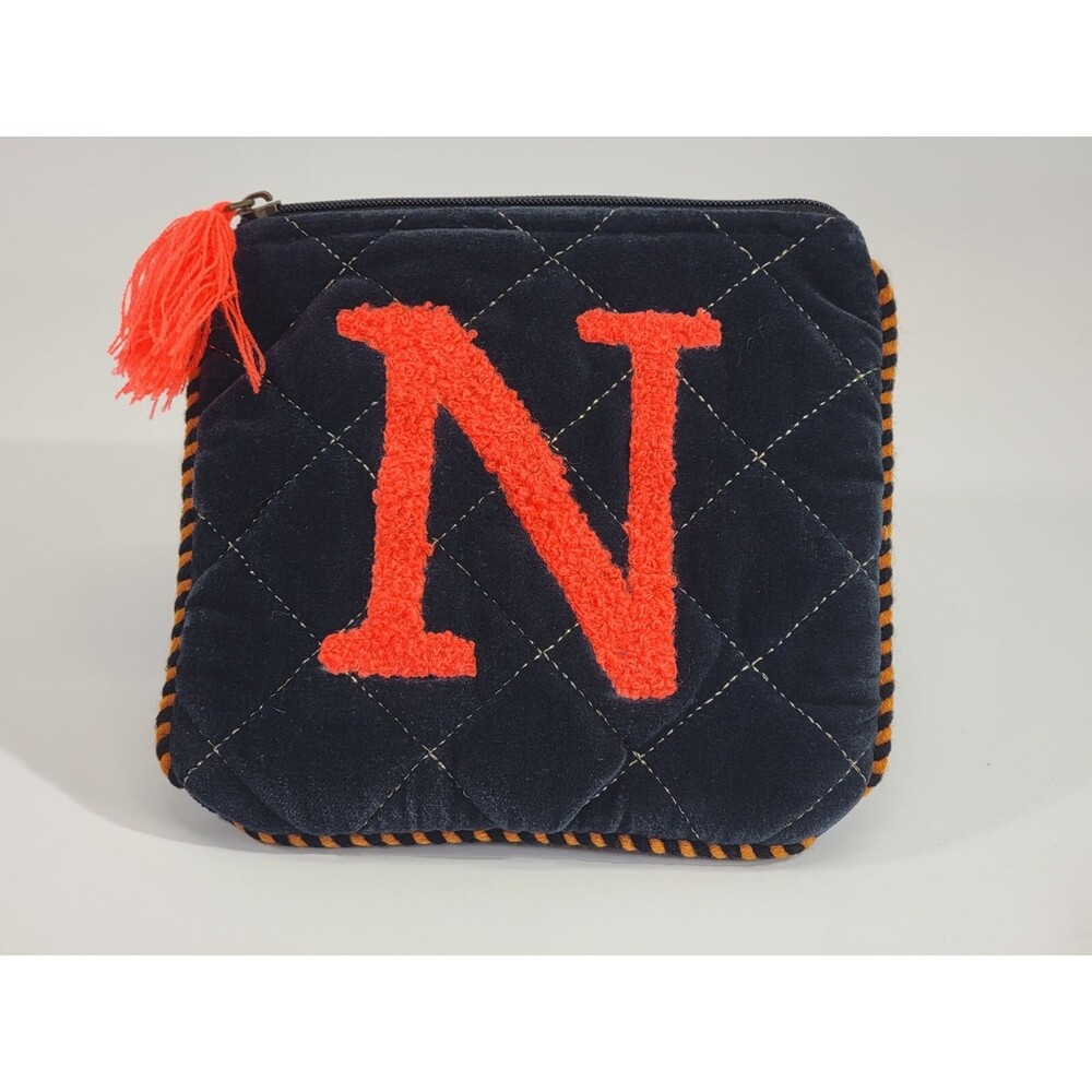 Macchia di Ruggine‎ Black & Orange Velvet Quilted Zip Pouch Bag Purse Clutch EUC